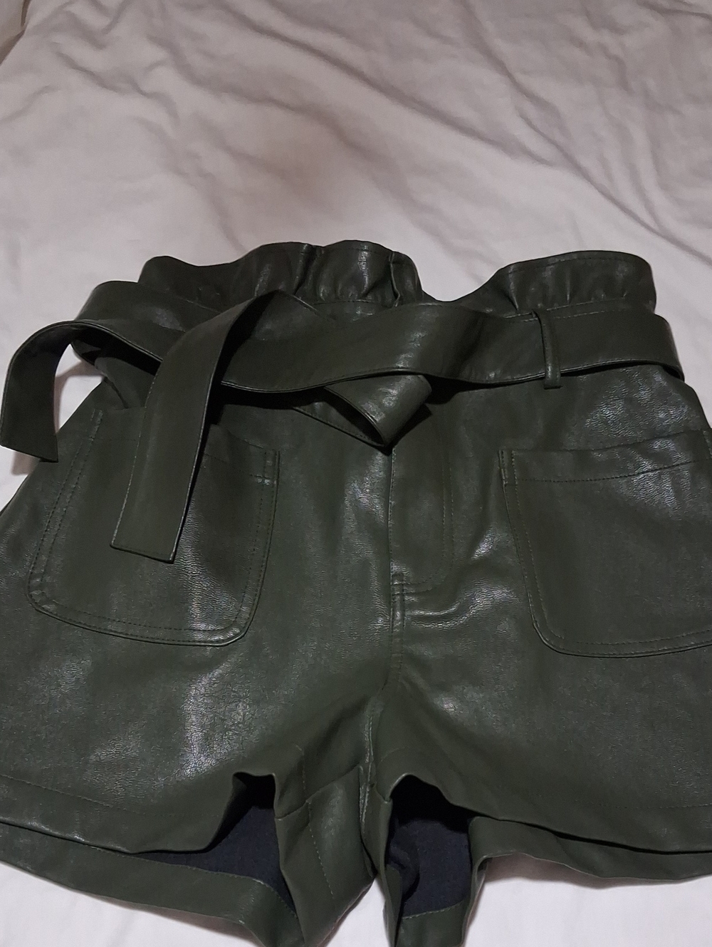 Short Shorts Girls Olive Green  Leather Paperbag Elastic Waist